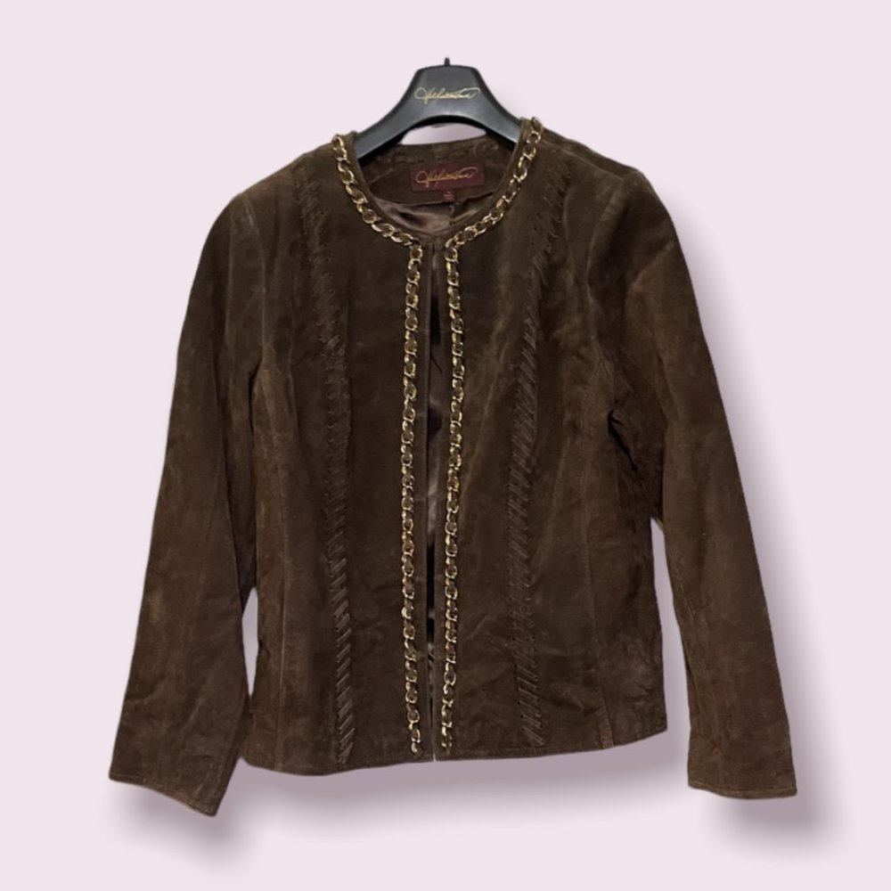 Hal Rubenstein Brown Suede Jacket w/ Chain Accent & Whipstitching